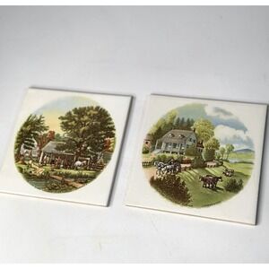 Stove Burner Covers Currier and Ives Ivory Enameled Motif Set Of 2